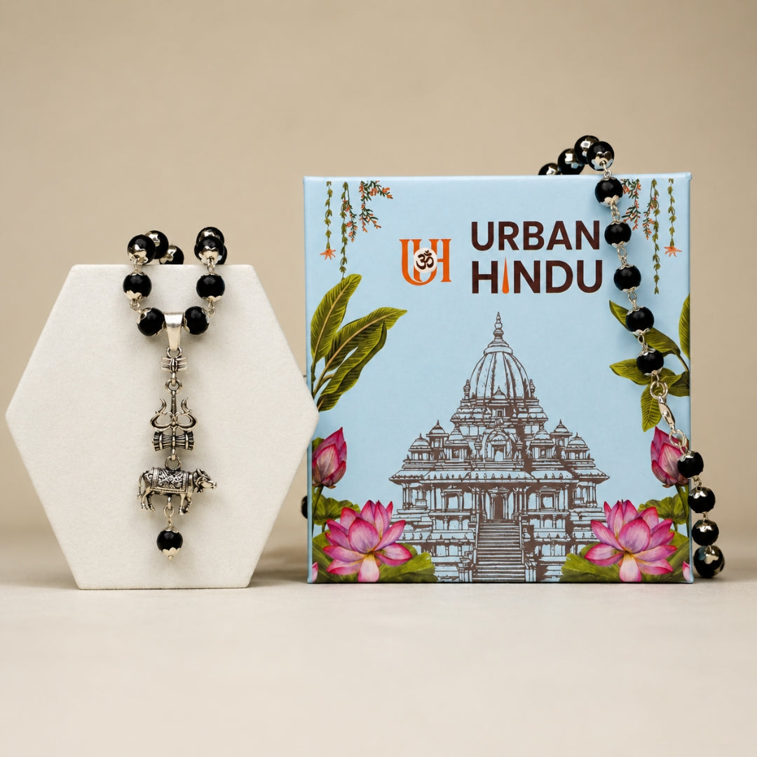 Shiv Trishul Nandi Pendant & Silver Cap Karungali Mala