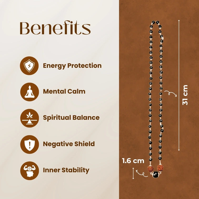 Silver Capped Karungali Mala with 5 Mukhi Rudraksha & Black Bead
