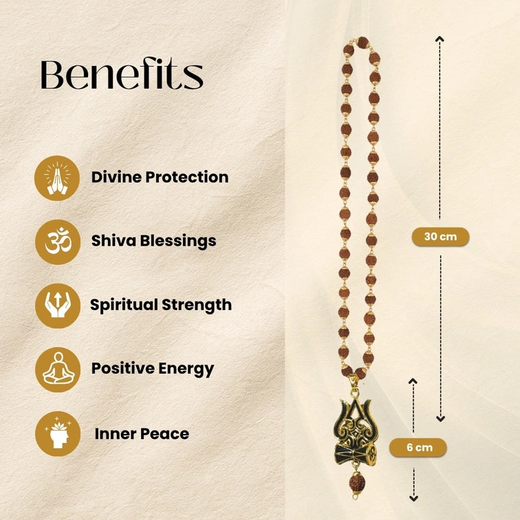 Golden Rudraksha Mala with Shiva Trishul Pendant