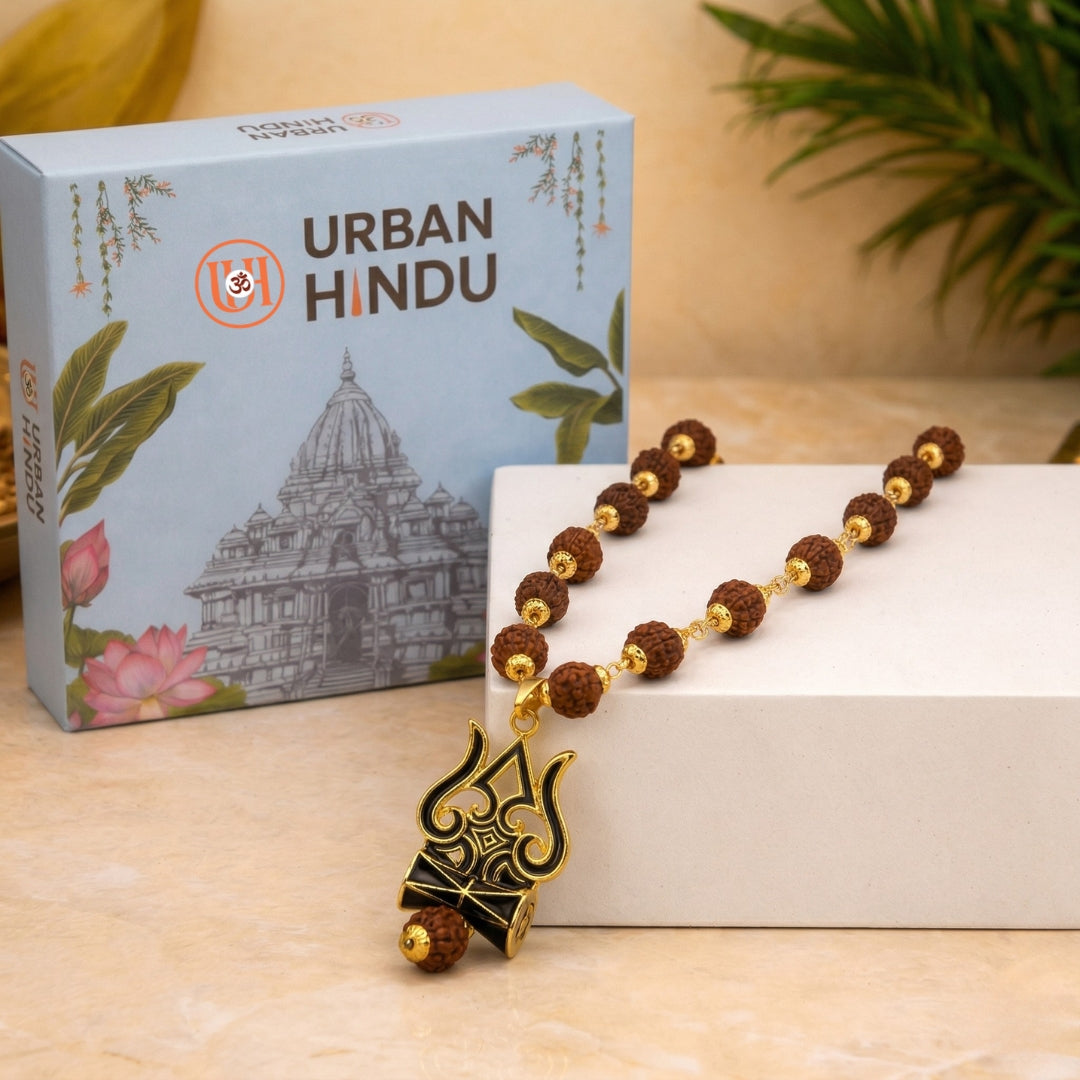 Golden Rudraksha Mala with Shiva Trishul Pendant
