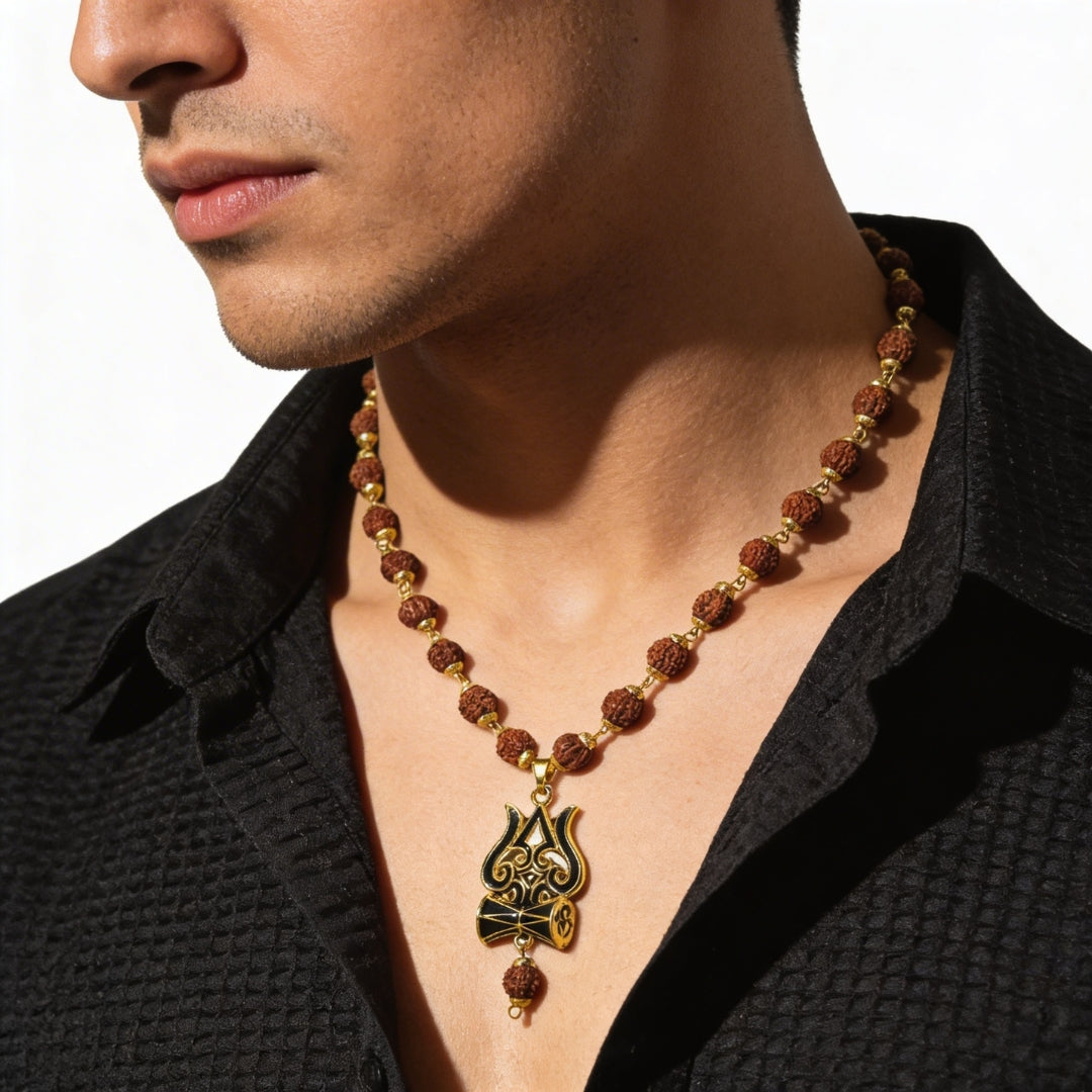 Golden Rudraksha Mala with Shiva Trishul Pendant