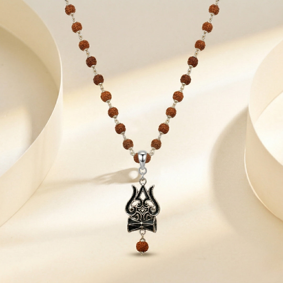 Silver Rudraksha Mala with Shiva Trisul Pendant