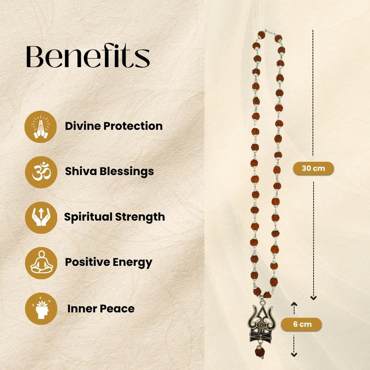 Silver Rudraksha Mala with Shiva Trisul Pendant