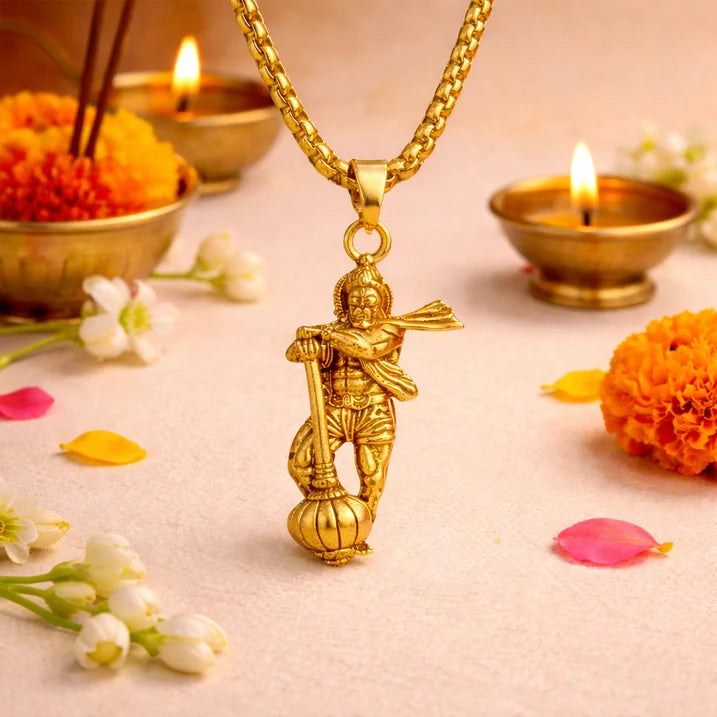 Golden Hanuman Gada Pendant with Chain.