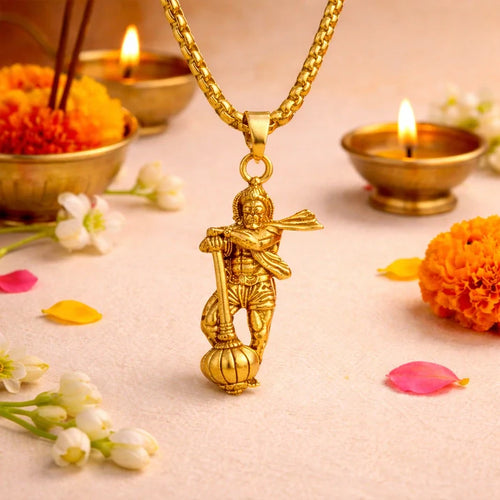 Golden Hanuman Gada Pendant with Chain.