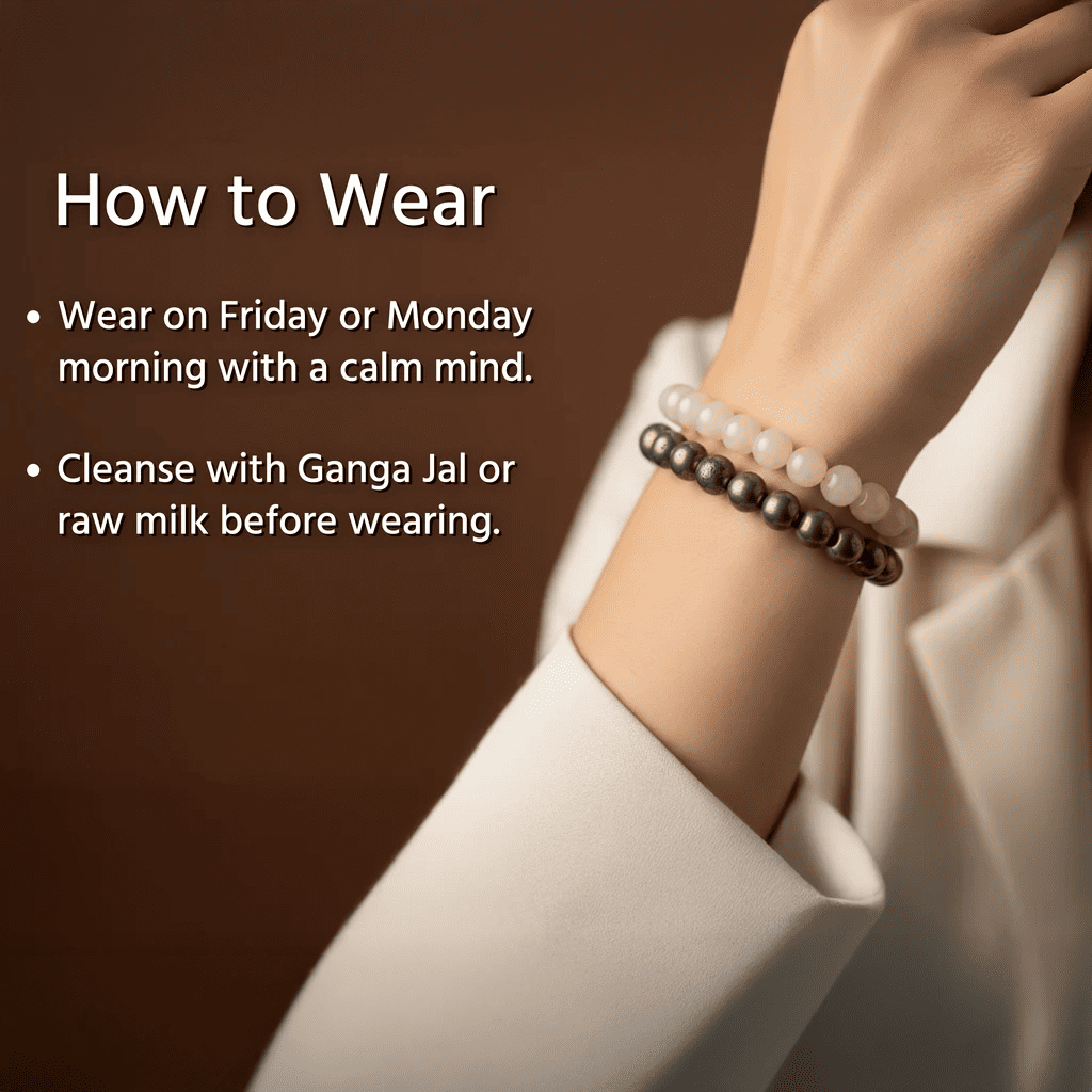 Bracelets on a wrist with text on how to wear them against a brown background