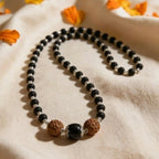 Silver Capped Karungali Mala with 5 Mukhi Rudraksha & Black Bead